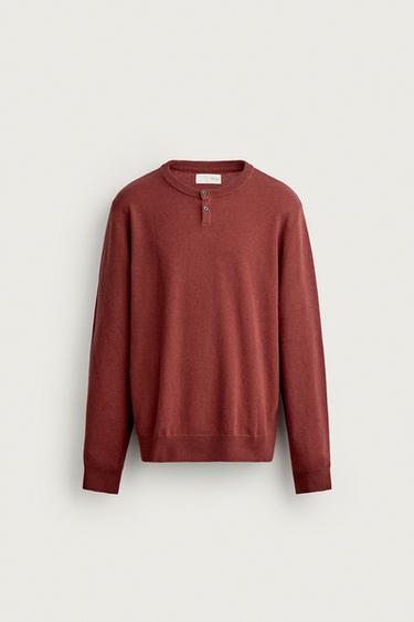 100% WOOL HENLEY NECK SWEATER — Clay 1