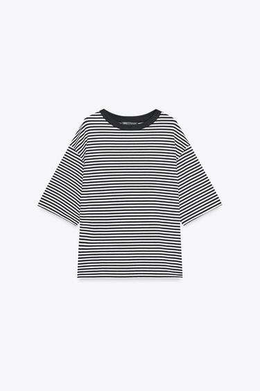 Zara OVERSIZED SLIT T-SHIRT - Black / White