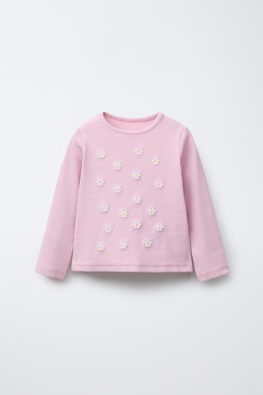RIBBED T-SHIRT WITH EMBROIDERED FLOWERS - Pastel pink by Zara - Image 0