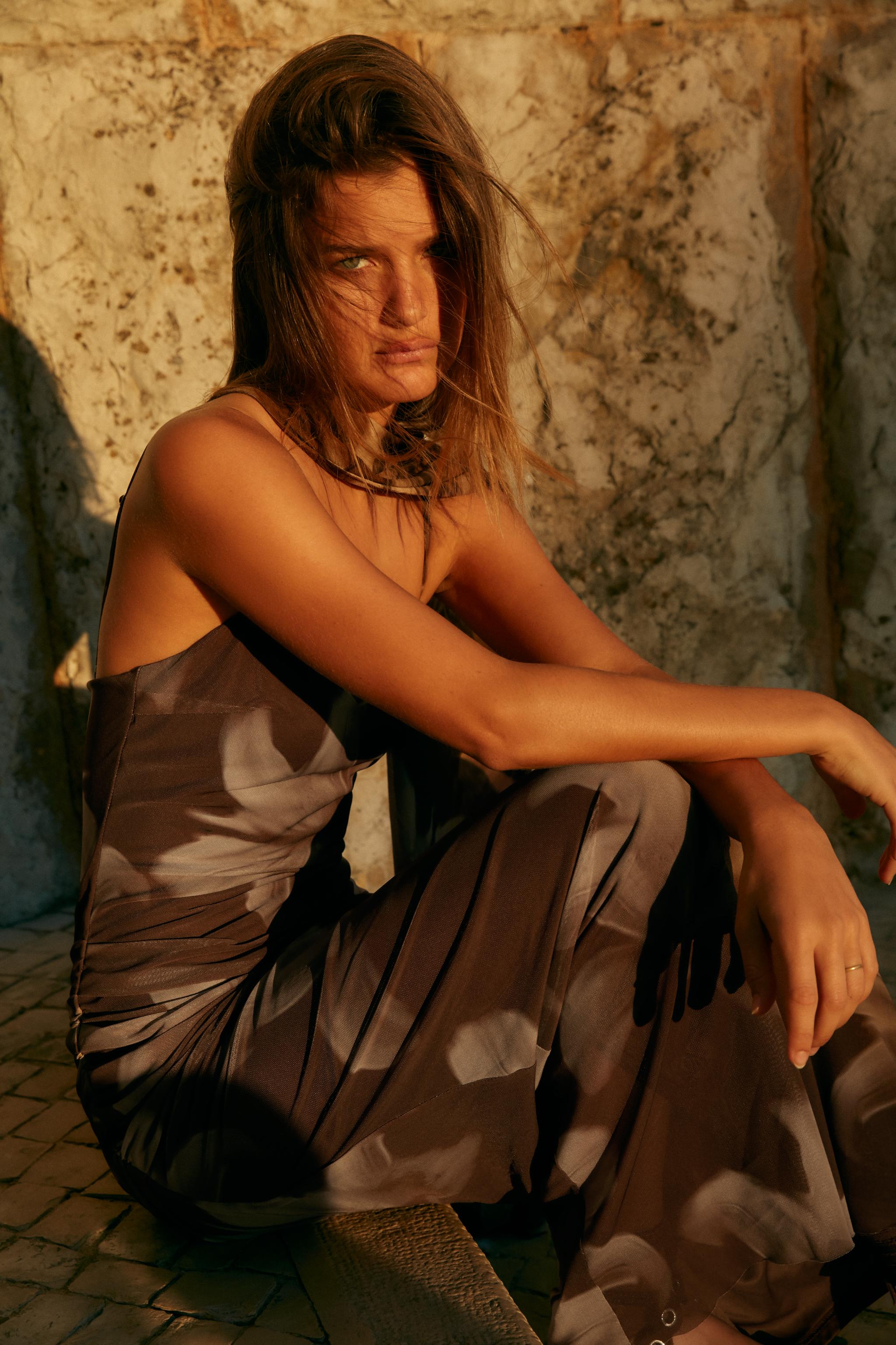 TULLE PRINT MIDI DRESS WITH FOULARD - Khaki | ZARA United States
