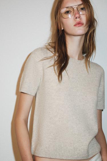 100% WOOL SHORT SLEEVE JUMPER - Sand / Marl by Zara