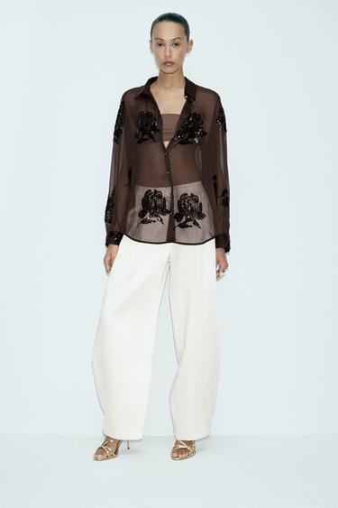 SEQUINNED BEADED SHIRT - Brown by Zara