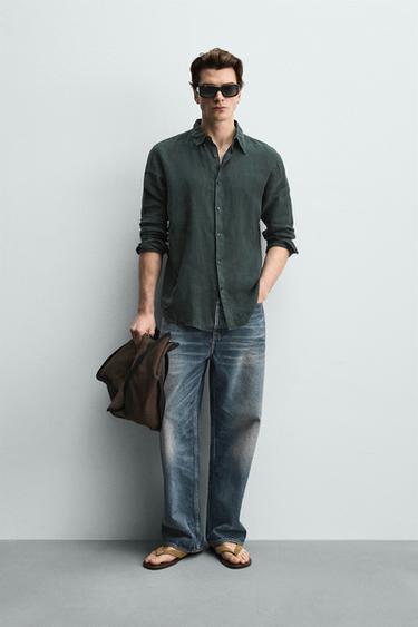 100% LINEN REGULAR FIT SHIRT - Dark green by Zara