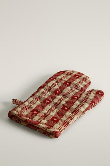 COTTON CHRISTMAS HEARTS AND CHECK KITCHEN OVEN MITT — Red 2