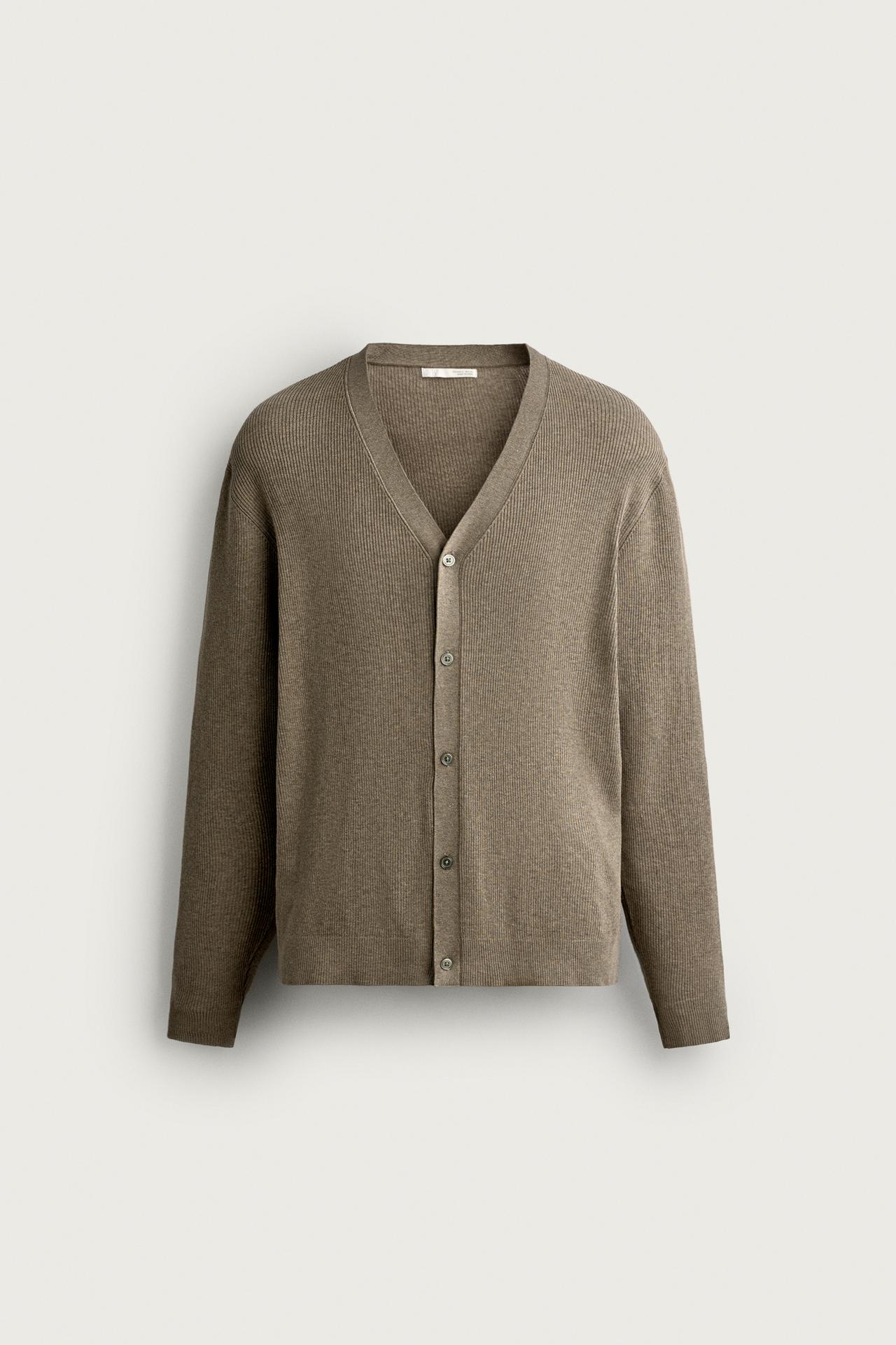 RELAXED-FIT RIBBED CARDIGAN — Brown / Taupe