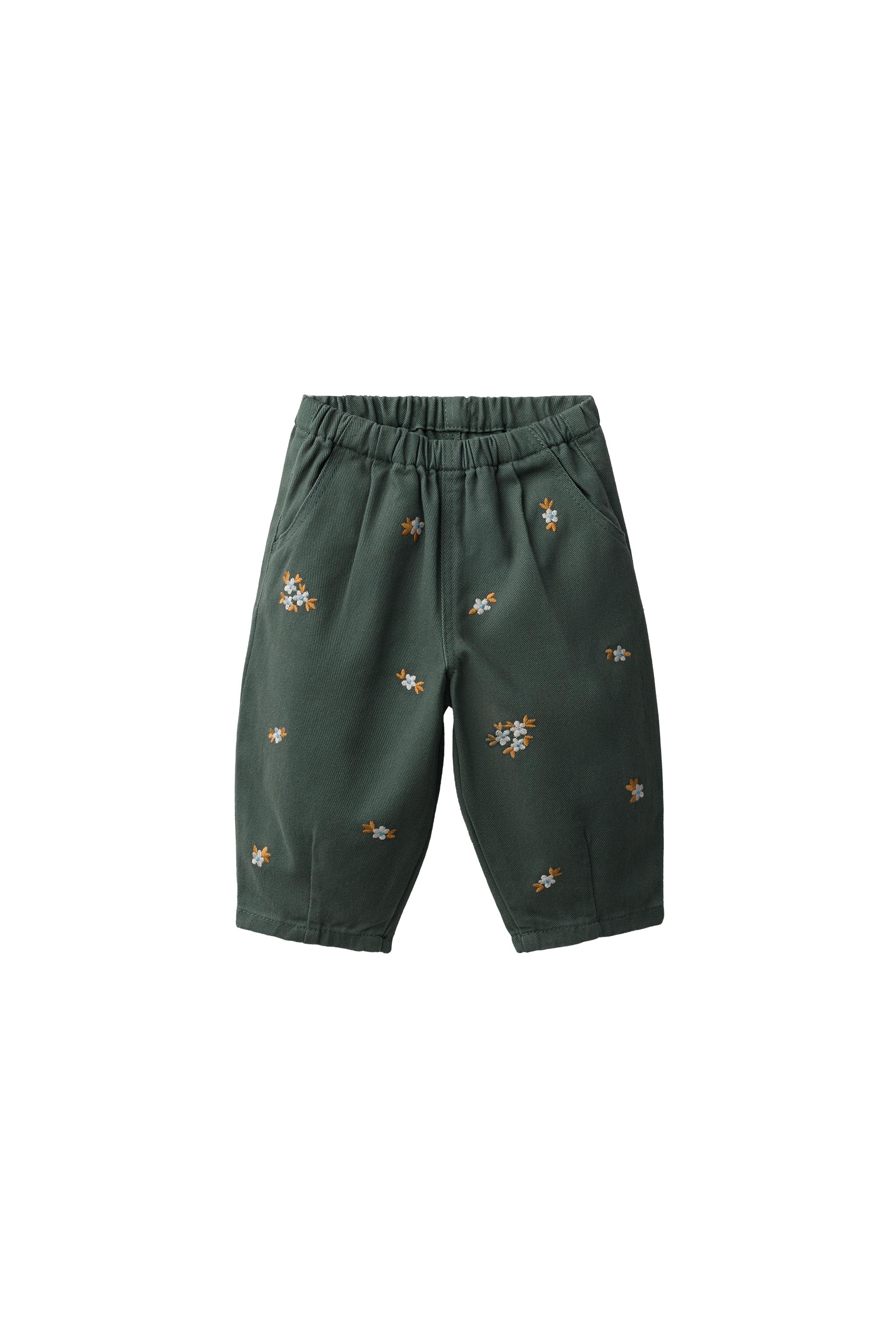 FLORAL EMBROIDERED TWILL PANTS - Mid-green | ZARA United States