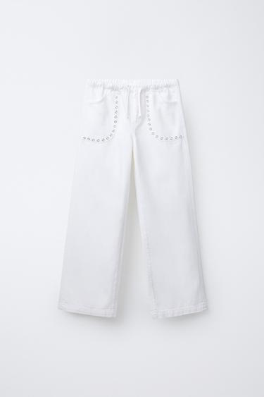 STUDDED FLOWING WIDE-LEG JEANS - White by Zara