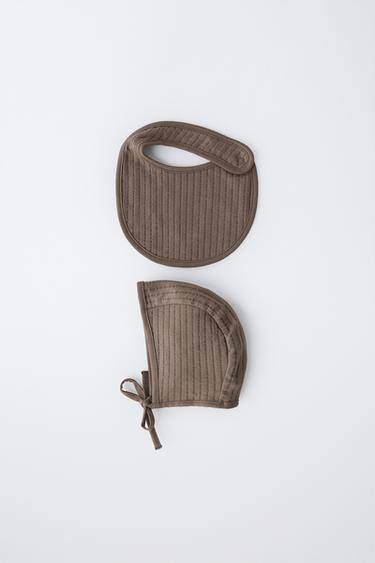 TEXTURED BONNET AND BIB SET - Brown by Zara