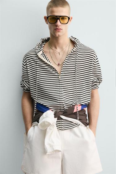 SWEAT JACQUARD RAYURES ZIP HOODIE - Blanc / Noir de Zara - Image 4