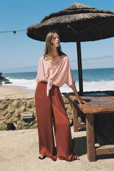 Zara FLOWY WIDE LEG PANTS - Terracotta