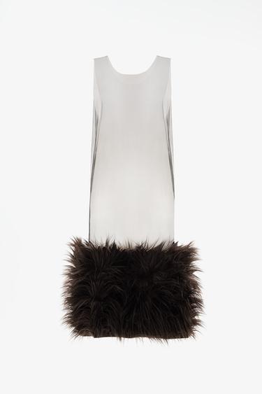 LIMITED EDITION TULLE MIDI DRESS WITH FAUX FUR — Black 1