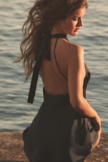 Zara SATIN EFFECT HALTER DRESS - Black