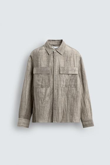CAMISA 100% LINO EFECTO ARRUGADO - Khaki oscuro de Zara