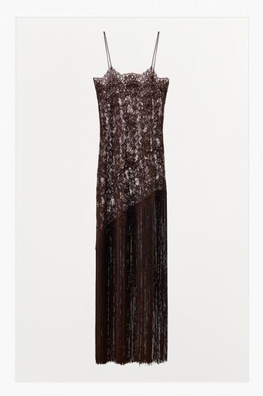 Zaras SPETSKLÄNNING MED TUNNA AXELBAND OCH FRANSAR - Brun