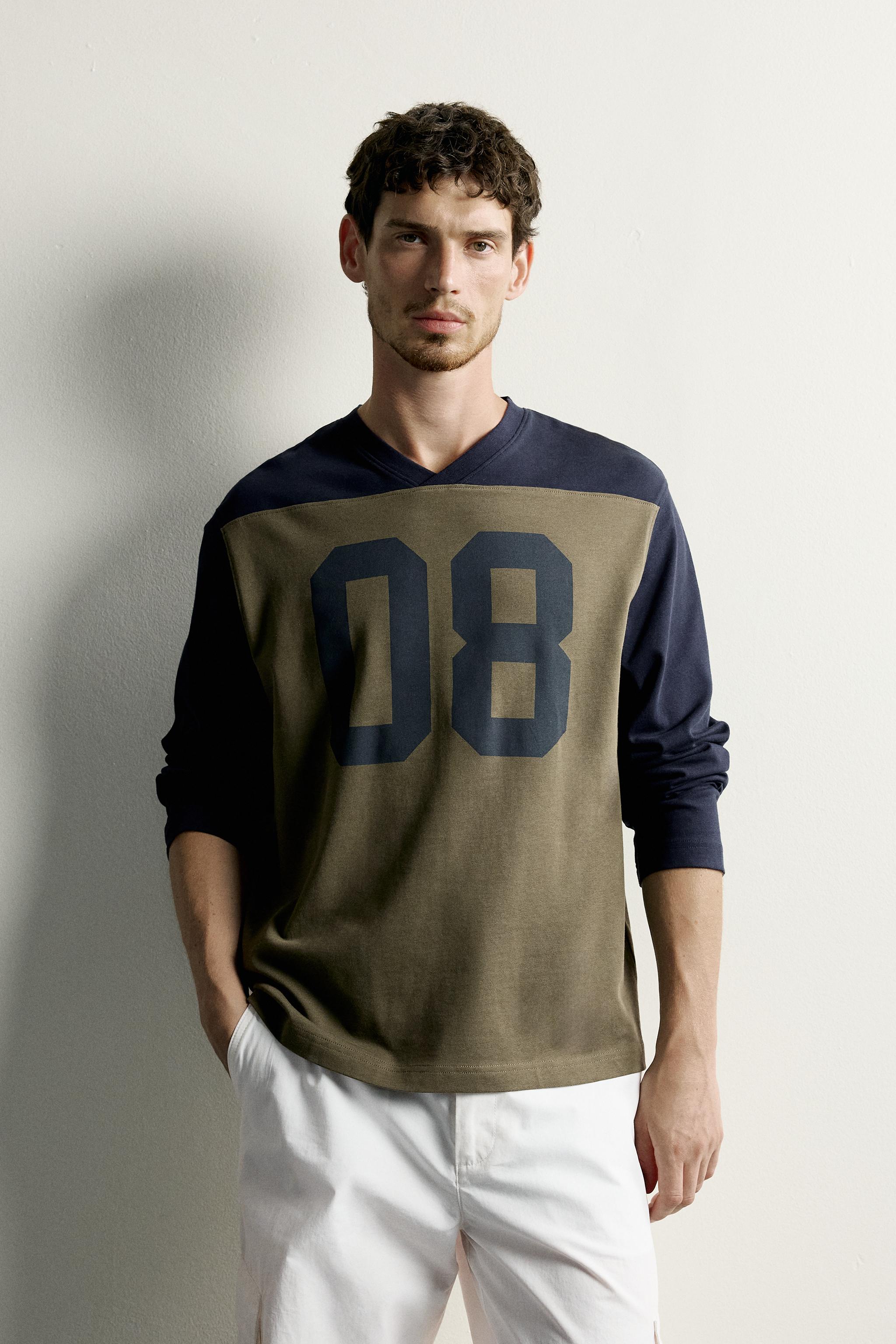 COLOR BLOCK NUMBER T-SHIRT — Beige / Navy