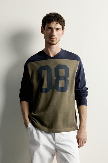 COLOUR BLOCK NUMBER T-SHIRT - Beige / Navy by Zara
