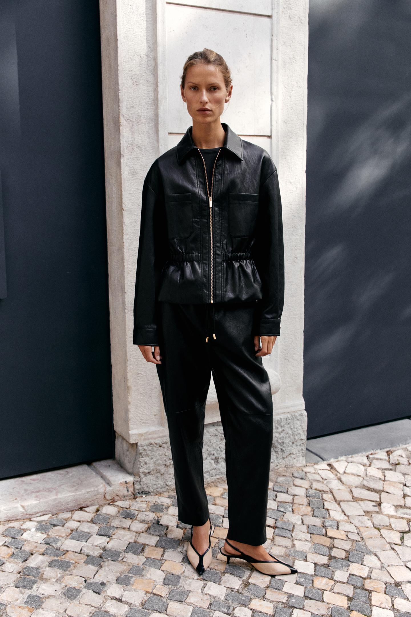 Женские брюки Zara Faux Leather Elastic-Waist, цвет: Чёрный — фото 1
