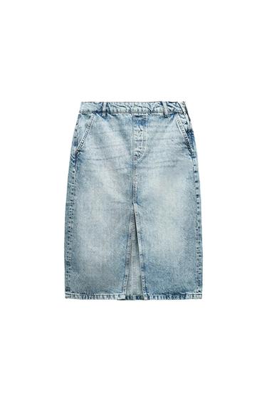 Light blue denim skirt with front slit design and side pockets. White background.