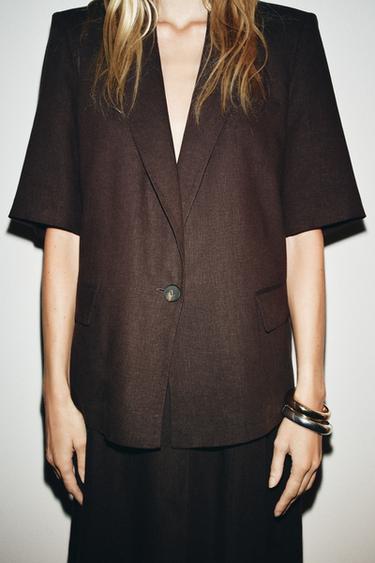 BLAZER AVEC LIN MANCHES COURTES - Marron de Zara - Image 1