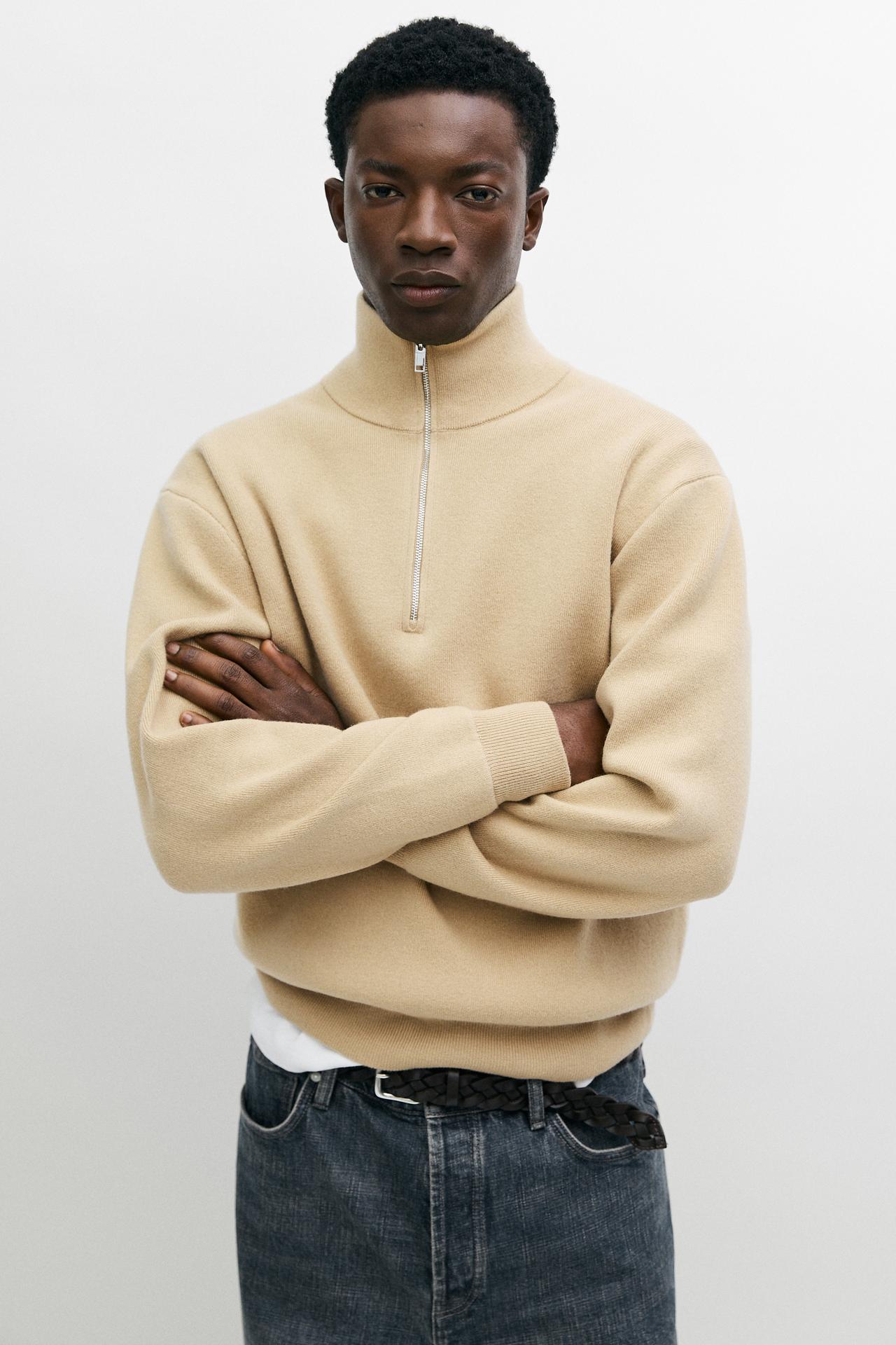 Wool mock neck knit sweater — Light camel
