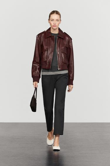 Blouson bomber à poches en cuir nappa - Grenat de Zara - Image 0