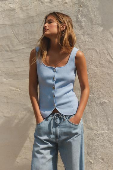 Zara PLAIN KNIT CORSET TOP - Blue