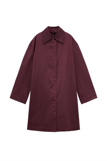 Front view of a burgundy coat with classic collar and concealed fastening.