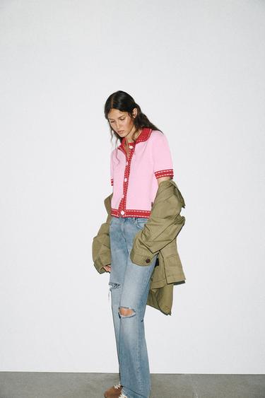 STITCHED KNIT CARDIGAN WITH SHORT SLEEVES - Pink by Zara