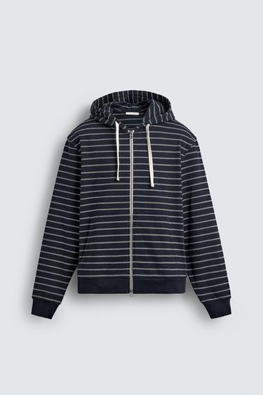 ÁO NỈ KẺ SỌC CÓ MŨ TRÙM ĐẦU - Màu xanh hải quân/Trắng từ Zara