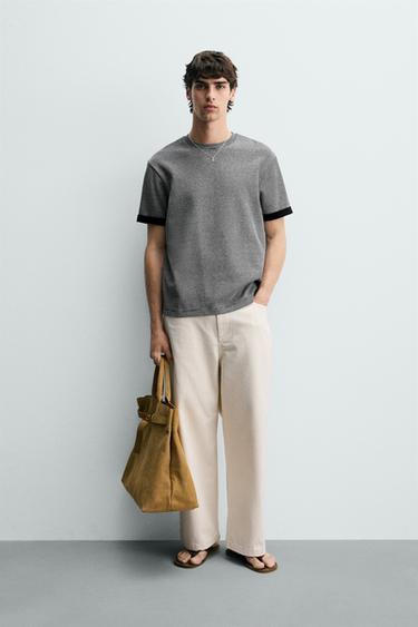 CONTRAST STRIPED JACQUARD T-SHIRT - Blue/White by Zara