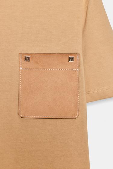 T-SHIRT WITH CONTRAST POCKET - camel by Zara - Image 7