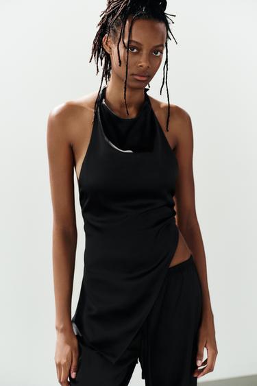 ASYMMETRIC SATIN HALTER TOP - Black by Zara