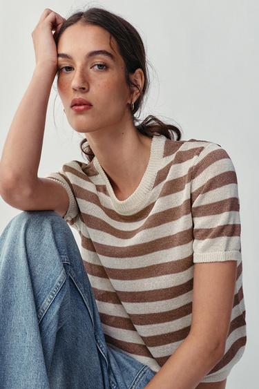 TOP PUNTO MANGA CORTA - Crudo / Marrón de Zara