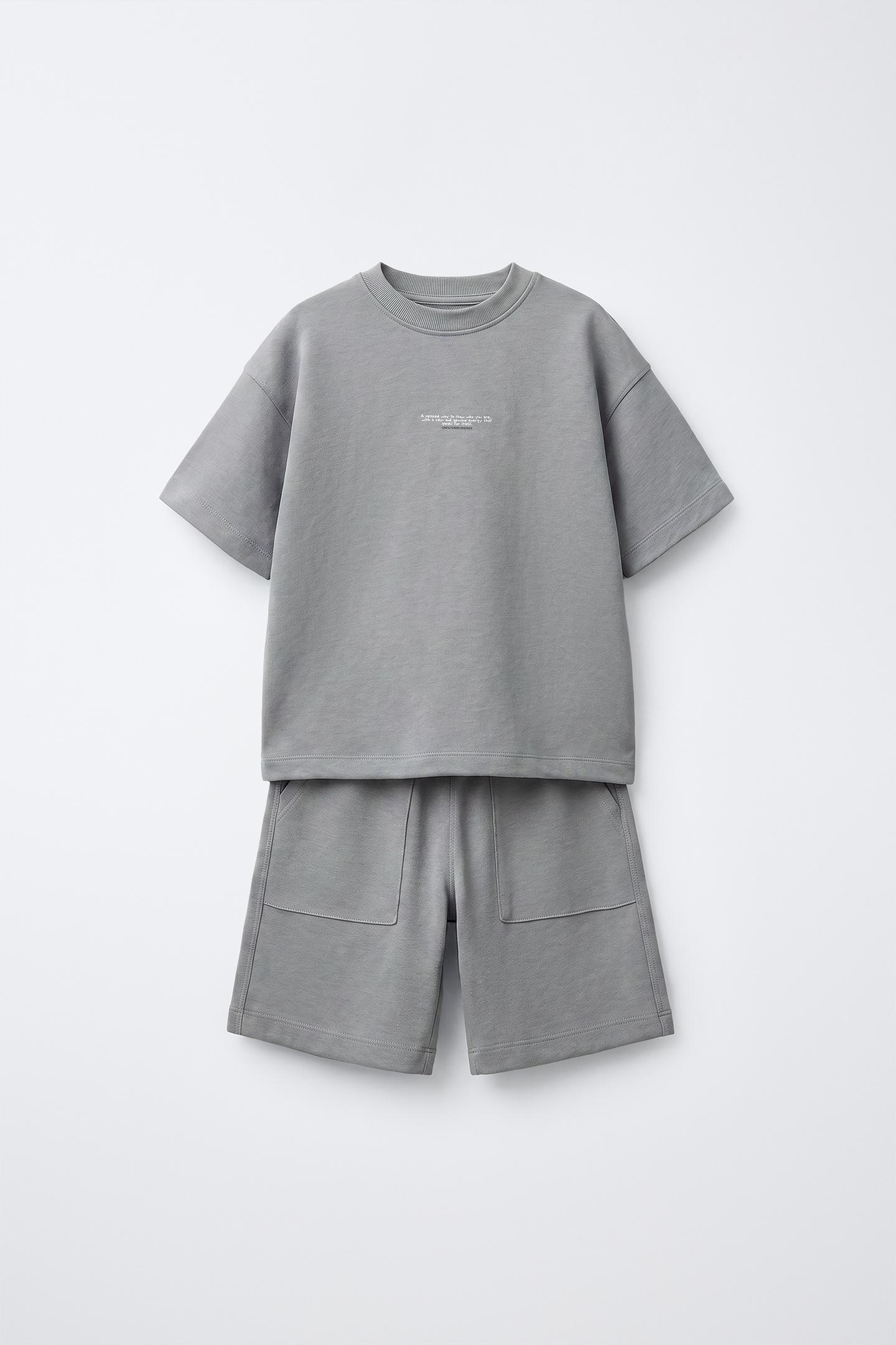 Детские комплекты Zara Interlock T-SHIRT and Bermuda Set, цвет: Серый меланжевый — фото 2