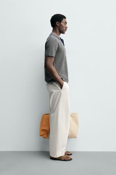 REGULAR FIT KNIT POLO SHIRT WITH CONTRAST - Ecru / Blue by Zara - Image 3