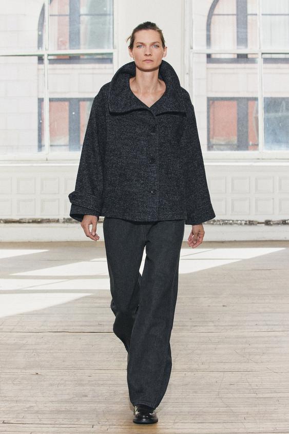 ウール混紡ヘリンボーン ショートコート ZW COLLECTION - ブルー 