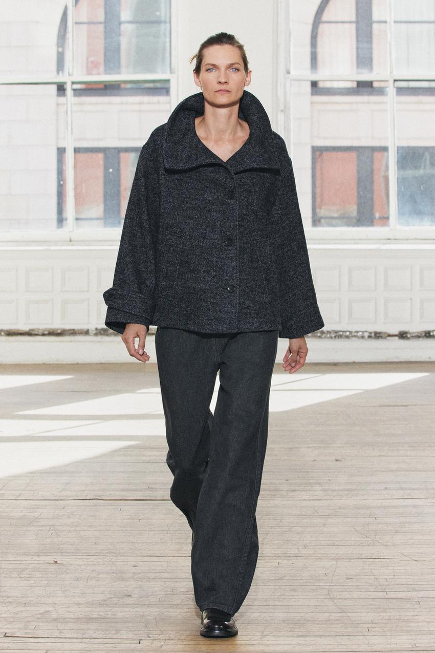 ウール混紡ヘリンボーン ショートコート ZW COLLECTION - ブルー  