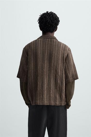 Zara OPEN WEAVE POLO SHIRT - Brown