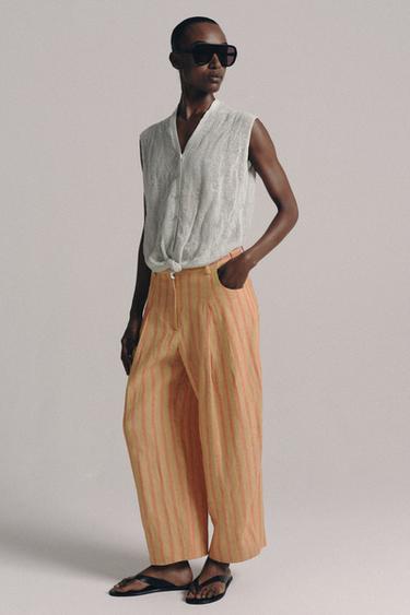 БРЮКИ В ПОЛОСКУ ИЗ СМЕСОВОГО ЛЬНА — ZW COLLECTION — ОРАНЖЕВЫЙ от Zara