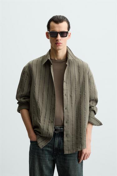 Zara MODAL BLEND STRIPED SHIRT - Khaki