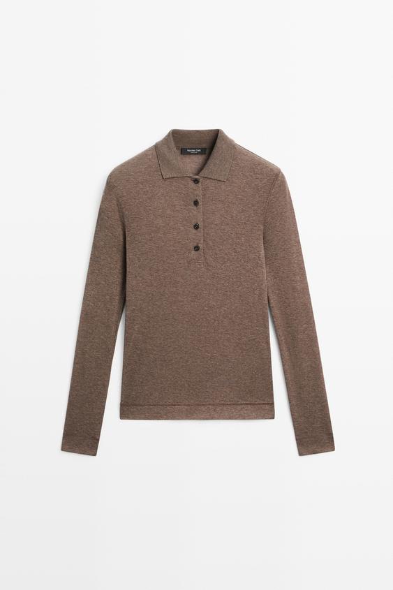 Zara Long sleeve wool polo shirt - Bone - Image 0