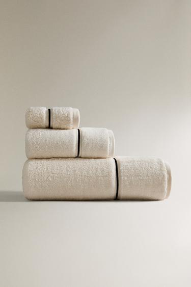 Zara EMBROIDERED TRIM BATH TOWEL - Ecru / Black