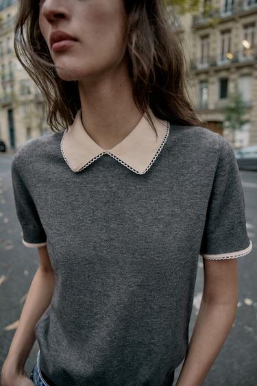 HAUT POLO À MANCHES COURTES AVEC DENTELLE - Gris chiné de Zara - Image 3