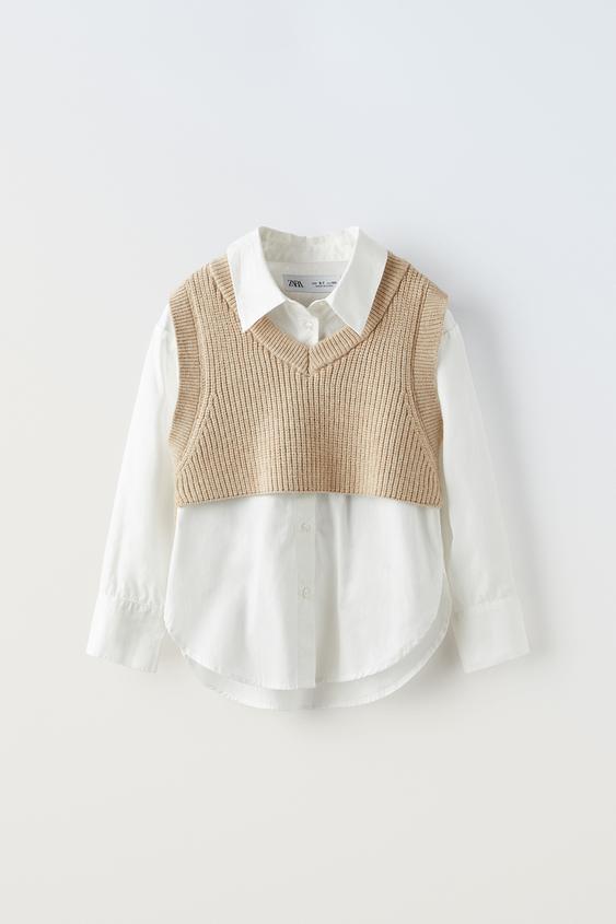 COMBINATION KNIT POPLIN SHIRT Sand ZARA United States