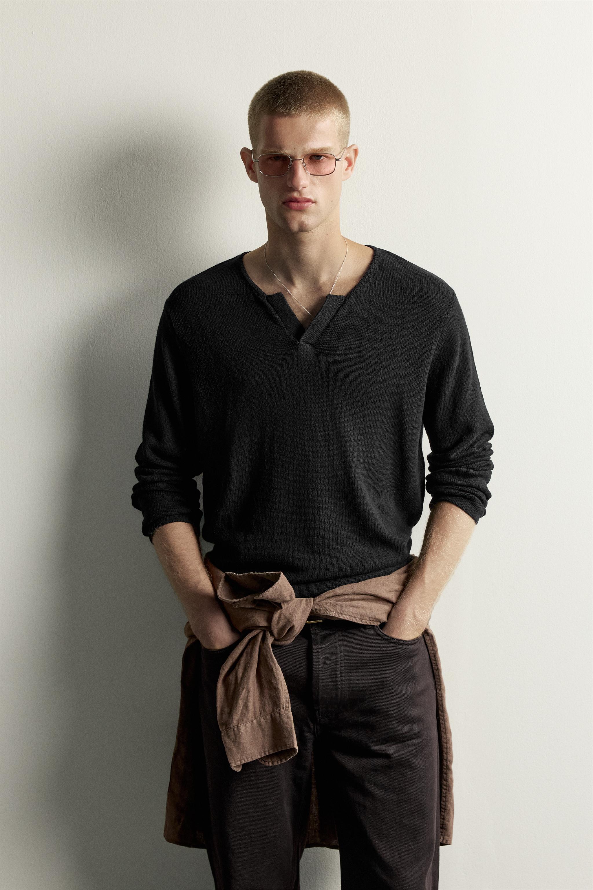 COTTON-LINEN KNIT T-SHIRT — Black