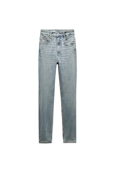 Front view of blue jeans with front pockets and belt loops.