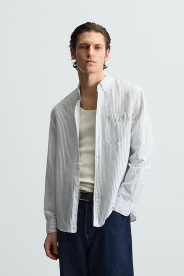 CAMISA LINO - ALGODÓN - Blanco / Celeste de Zara