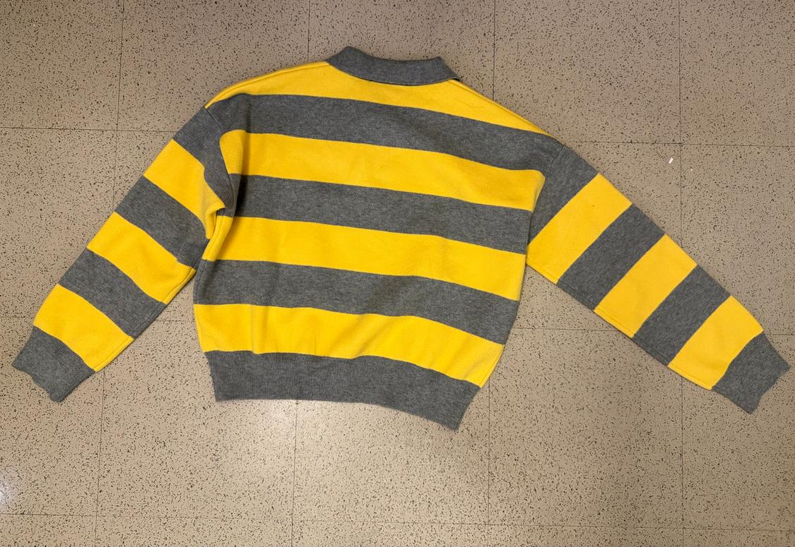 Yellow and gray horizontal striped sweater on a beige background. Long sleeves and crew neck. Back view.