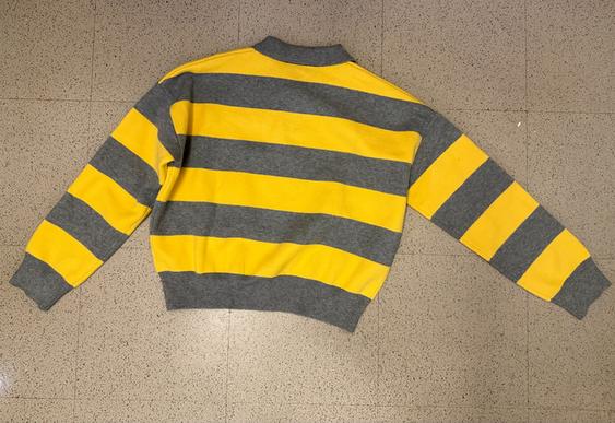 Yellow and gray horizontal striped sweater on a beige background. Long sleeves and crew neck. Back view.