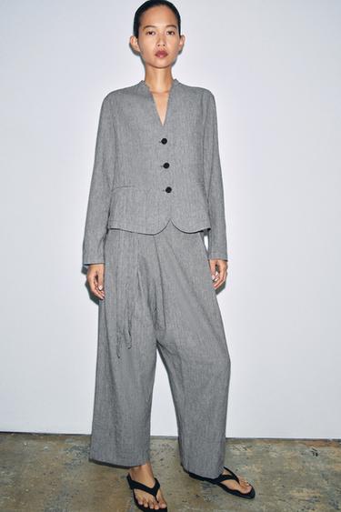 HOUNDSTOOTH LINEN BLEND BLAZER ZW COLLECTION - Blue/White by Zara